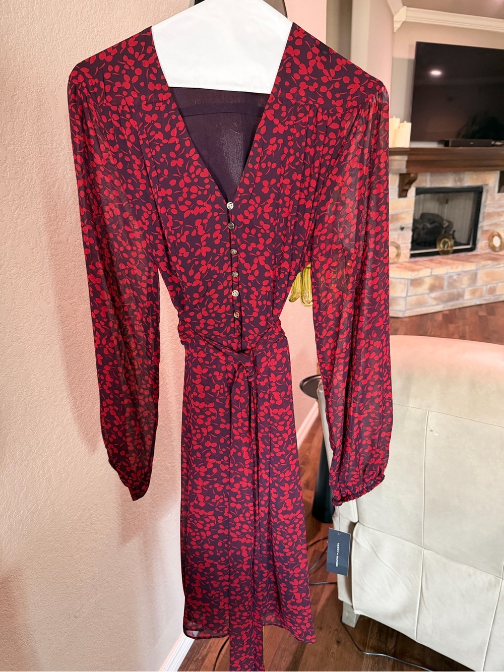Tommy Hilfiger Red and Dark Purple Long-Sleeve Wrap Dress with Tie